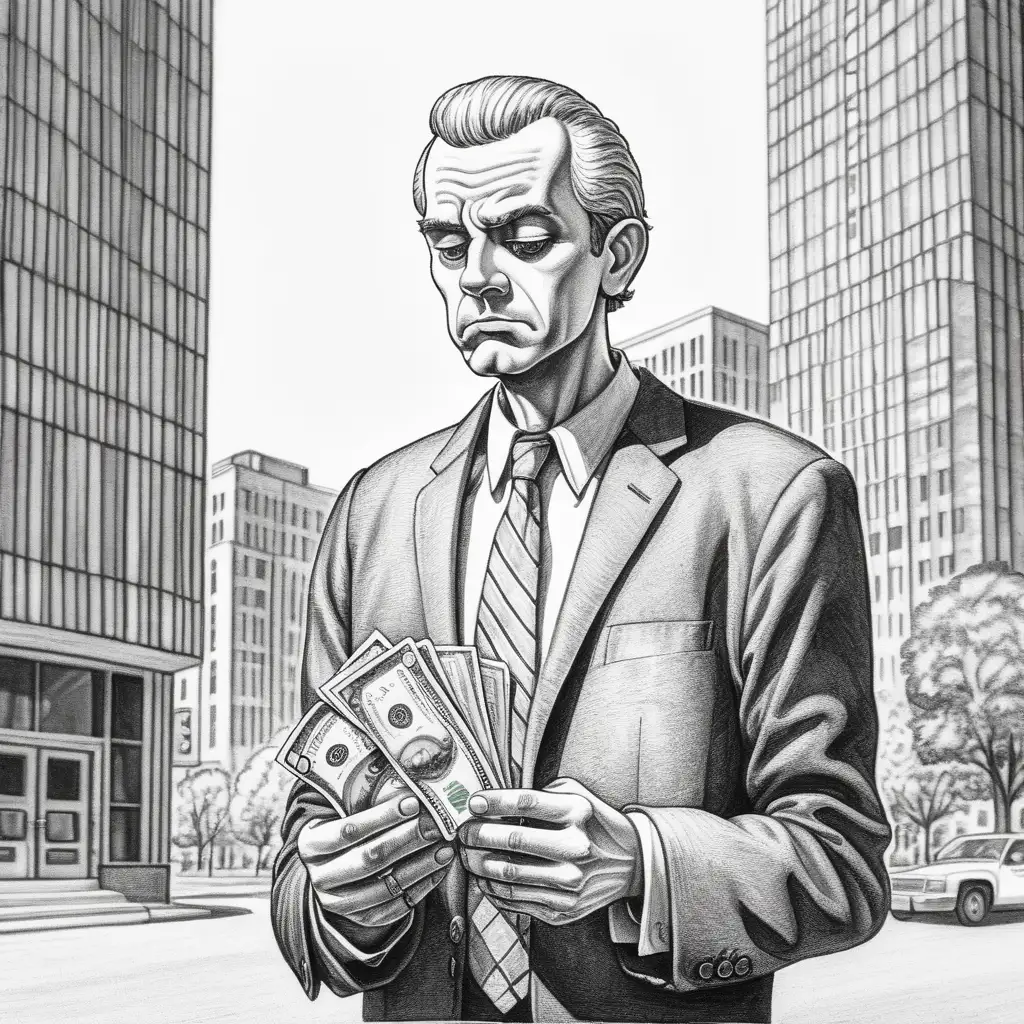 Create a simple image of a man in front of an office building. He is looking sad and giving money away. The image must be in the style of Matt Wuerker. The image must be in color. 