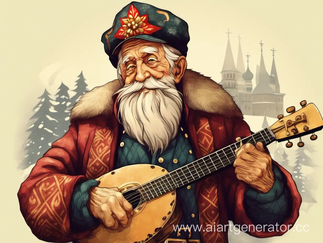 старый сказочный маленький дедушка в шапке ушанке и с  русской балалайкой