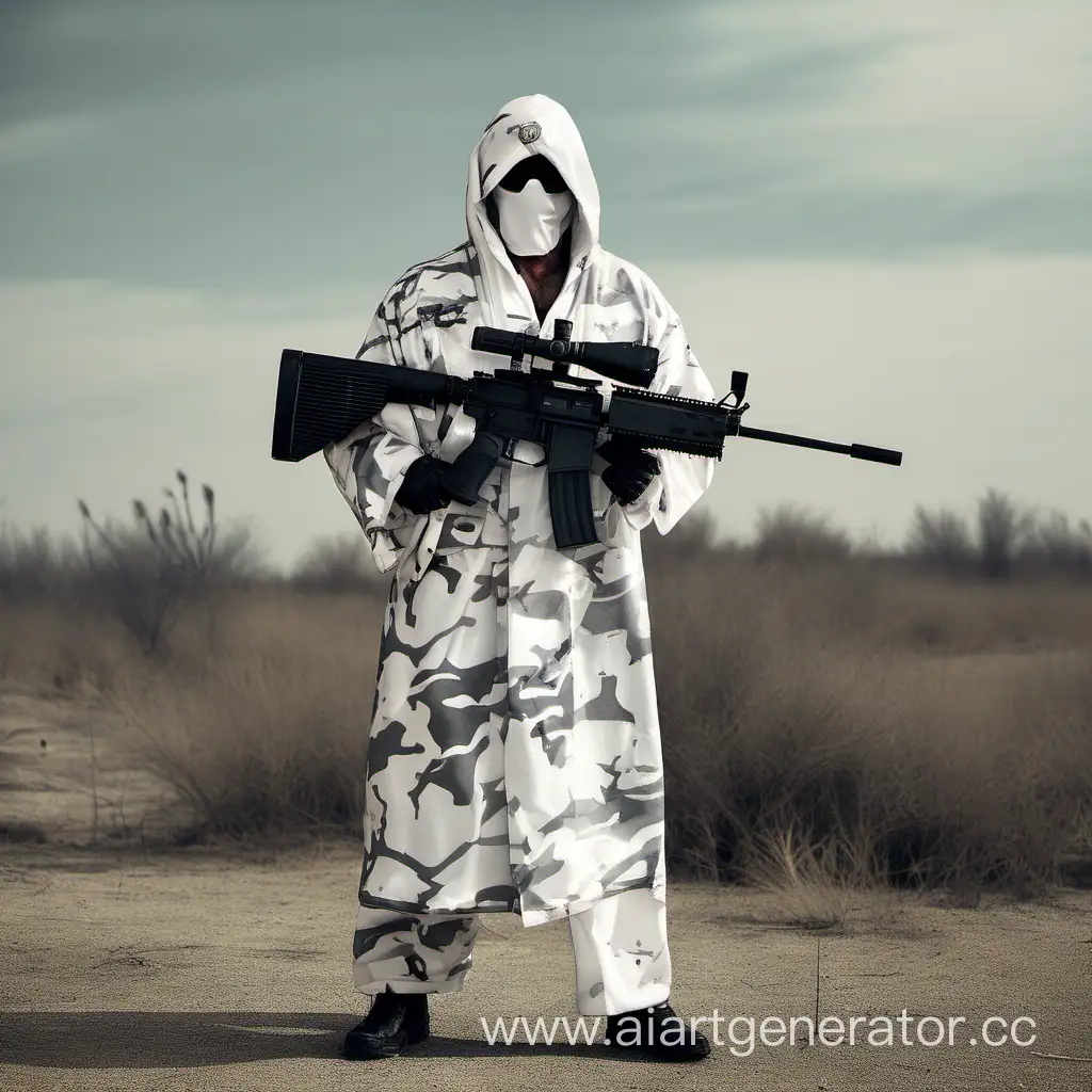 Man-in-White-Camouflage-Robe-Holding-TV-Head-Sniper-Rifle