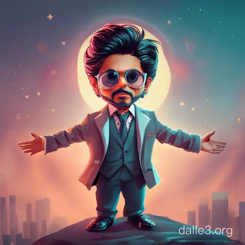 Shah Rukh Khan standing with arms wide open, Chibi style, realistic, dreamy lighting, soft cinematic