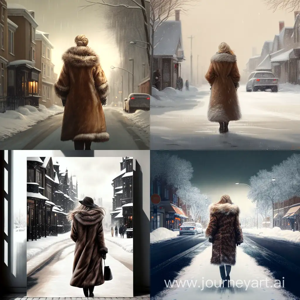 Stylish-Winter-Stroll-Elegant-Mother-in-Fur-Coat-Amidst-Serene-Urban-Snowscape
