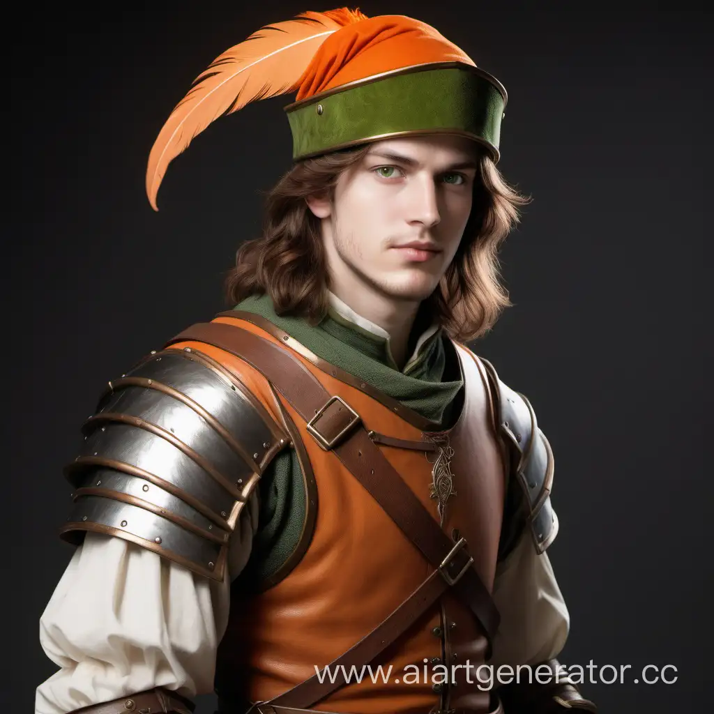A medieval Twenty-year-old bard with straight shoulder-length brown hair, green eyes, light leather armor, and a orange hat with a white feather