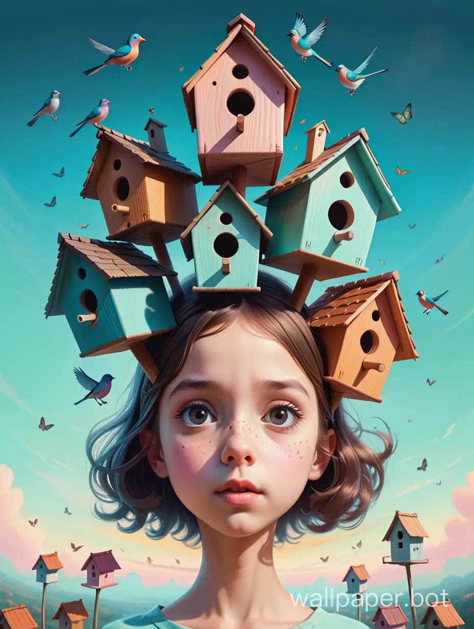 (top view) surrealism, Santoro Gorjus style, triple exposure, 1 birdhouse on the head of a comical 7 year old girl, naive abstract elements, soft color, perfection, Tim Burton, concept art, sharp focus, correct anatomy, high detail , flawless composition, calm, detailed rendering, 8K