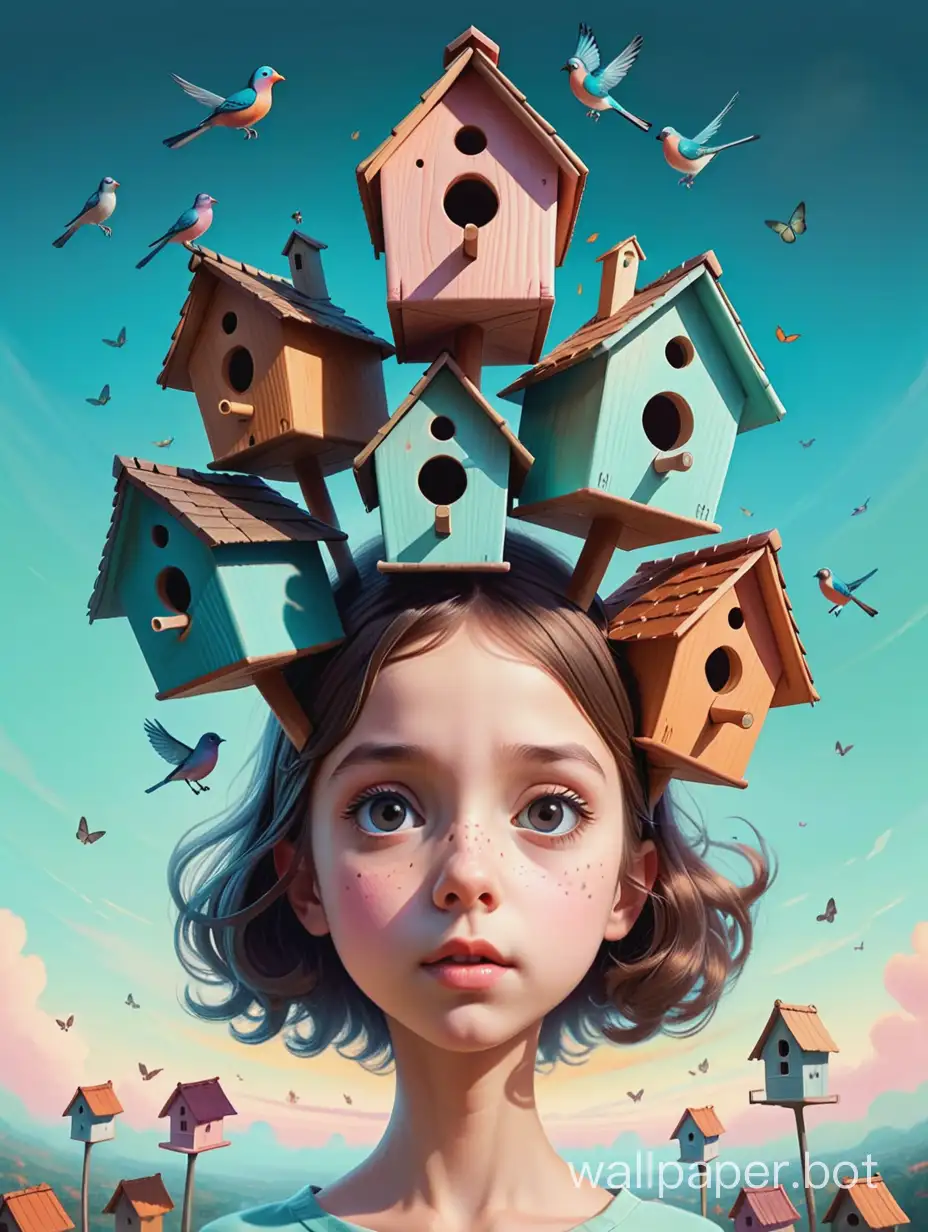 Surreal-Triple-Exposure-Comical-7YearOld-Girl-Balancing-Birdhouse-on-Head