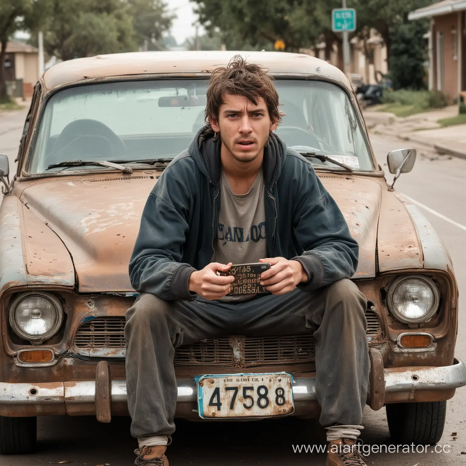 Furious-HomelessLooking-Man-Driving-Rusty-Chevrolet-Lanos-with-Controversial-License-Plates