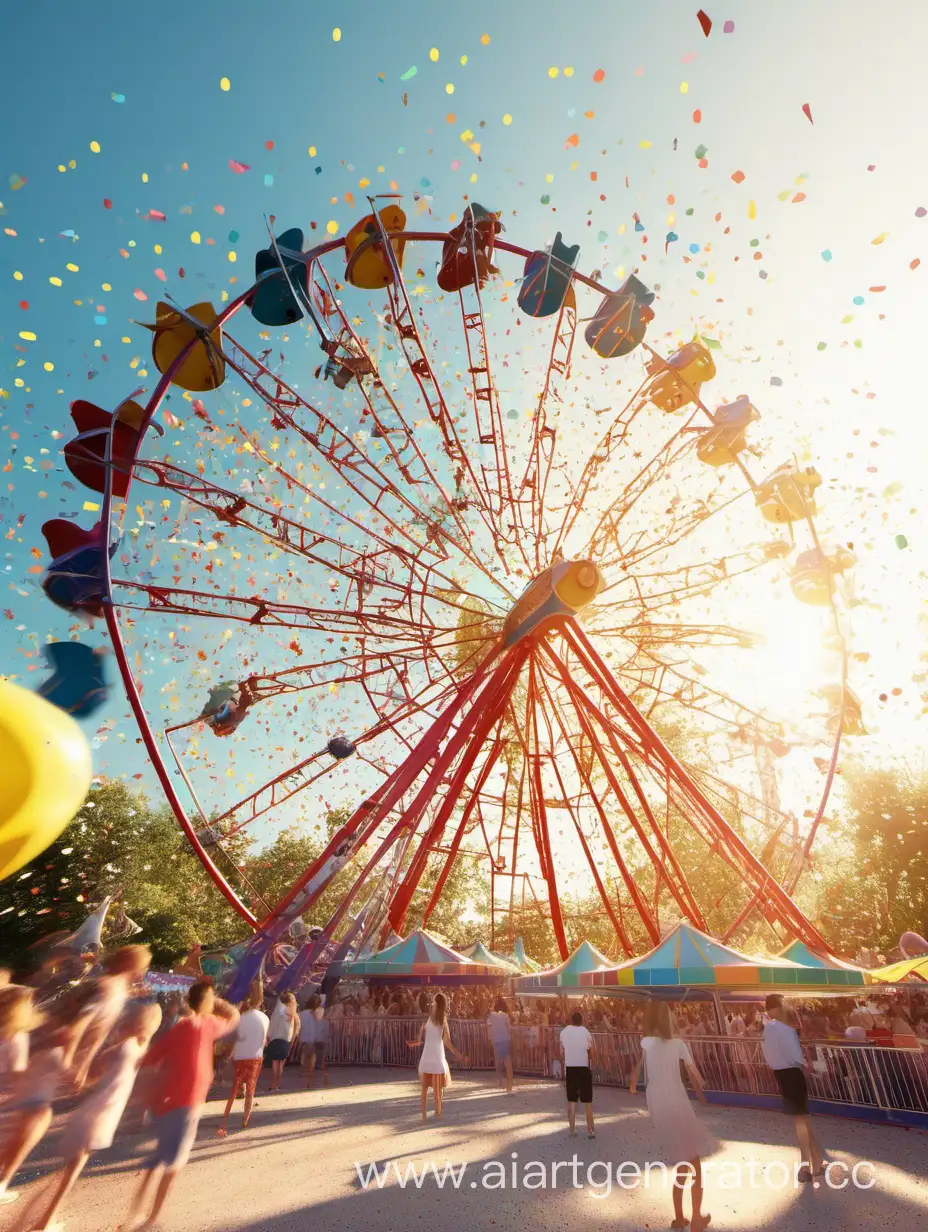 Vibrant-Summer-Fun-at-an-Open-Amusement-Park-with-Sun-Rays-and-Confetti