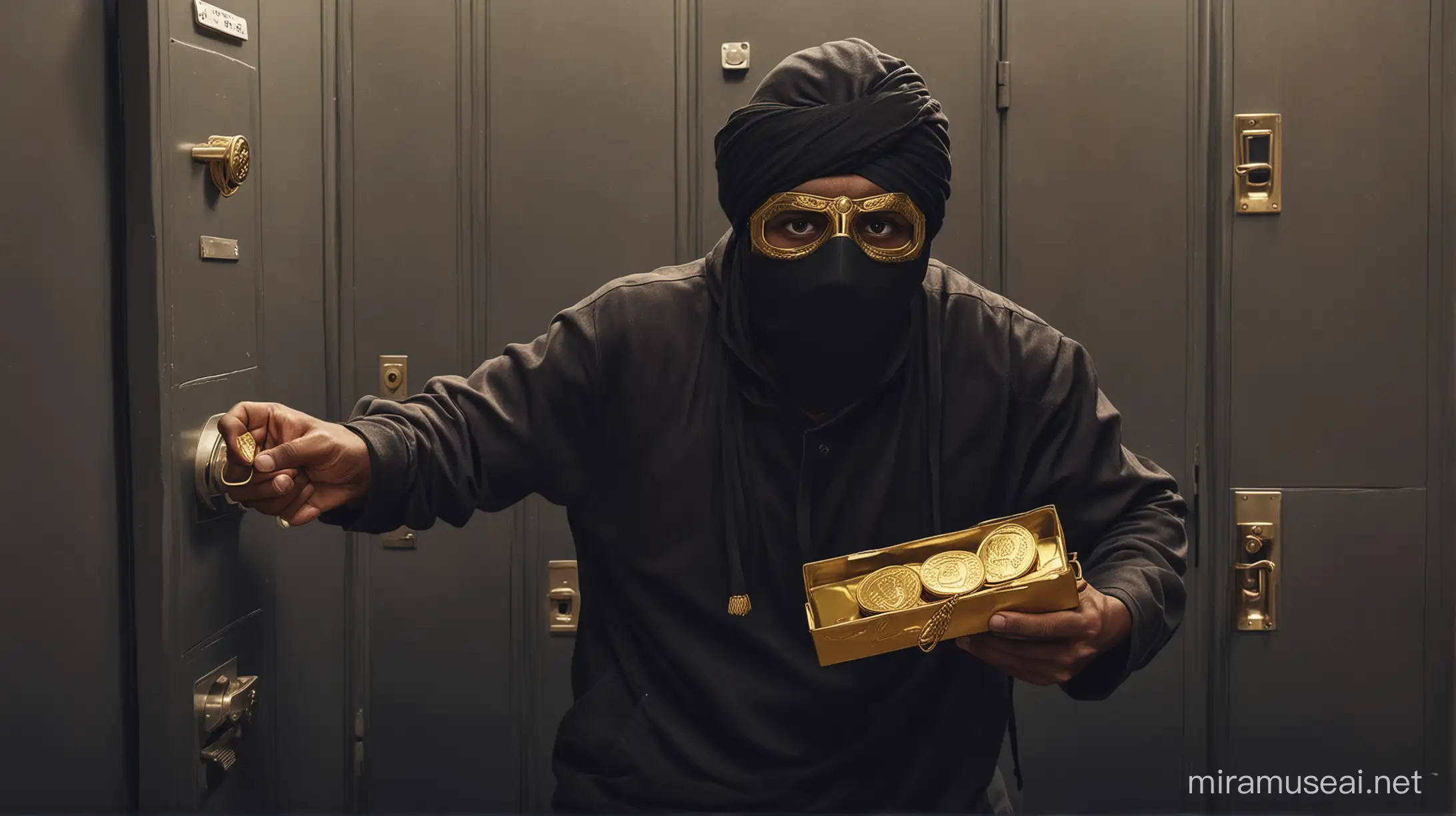 Generate an image depicting a clever Indian thief stealthily stealing 100 grams gold from a bank locker. Show the thief dressed in dark clothing, wearing a mask
