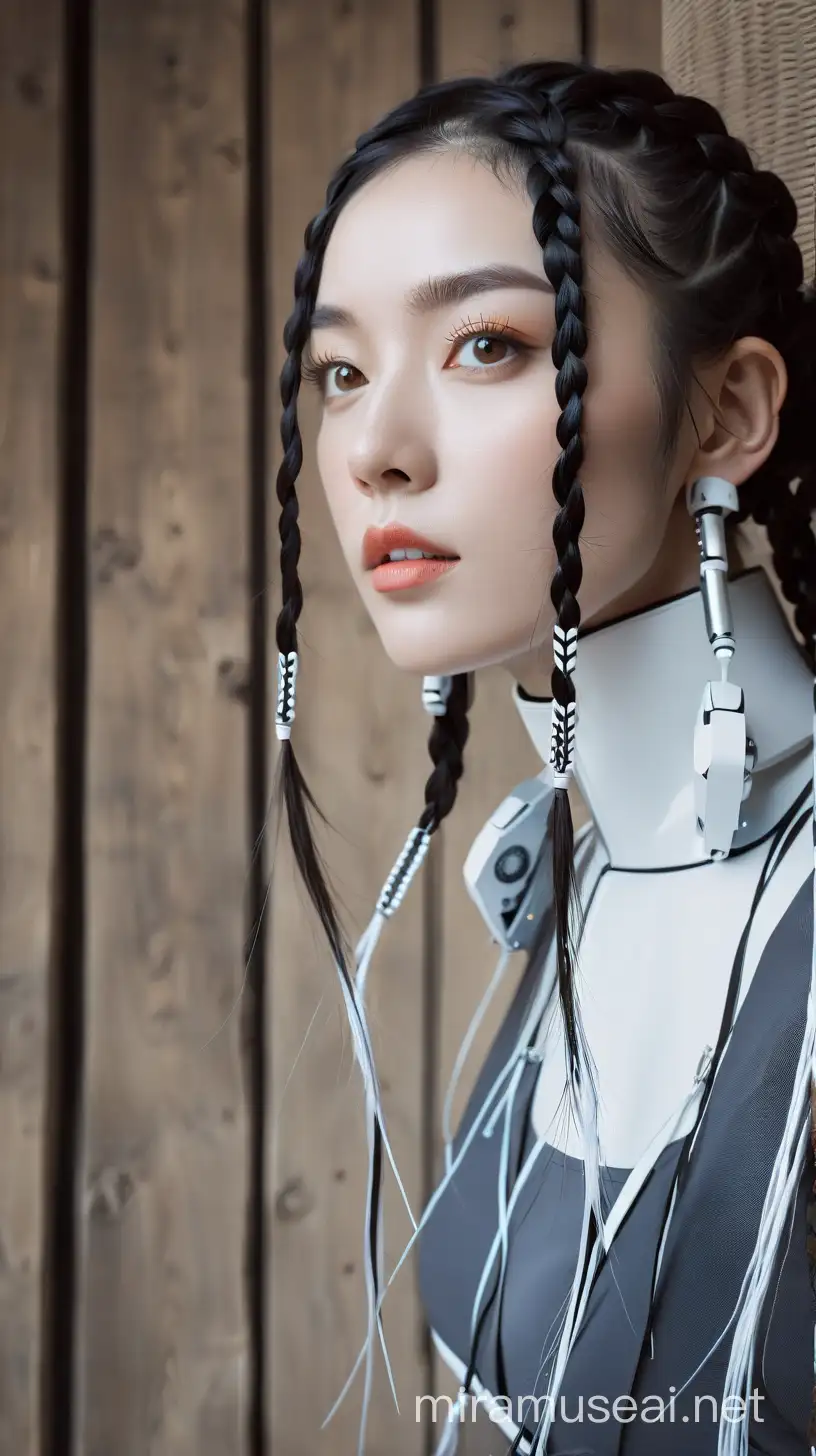 Elegant Robot with White Braids in a Serene Setting