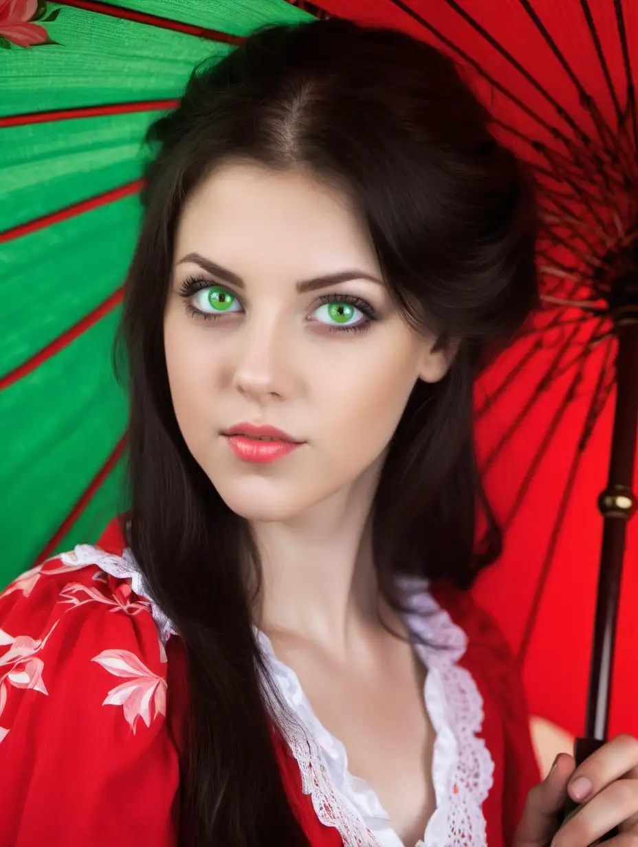Stylish Portrait of a DarkHaired Woman with Green Eyes and Red Parasol