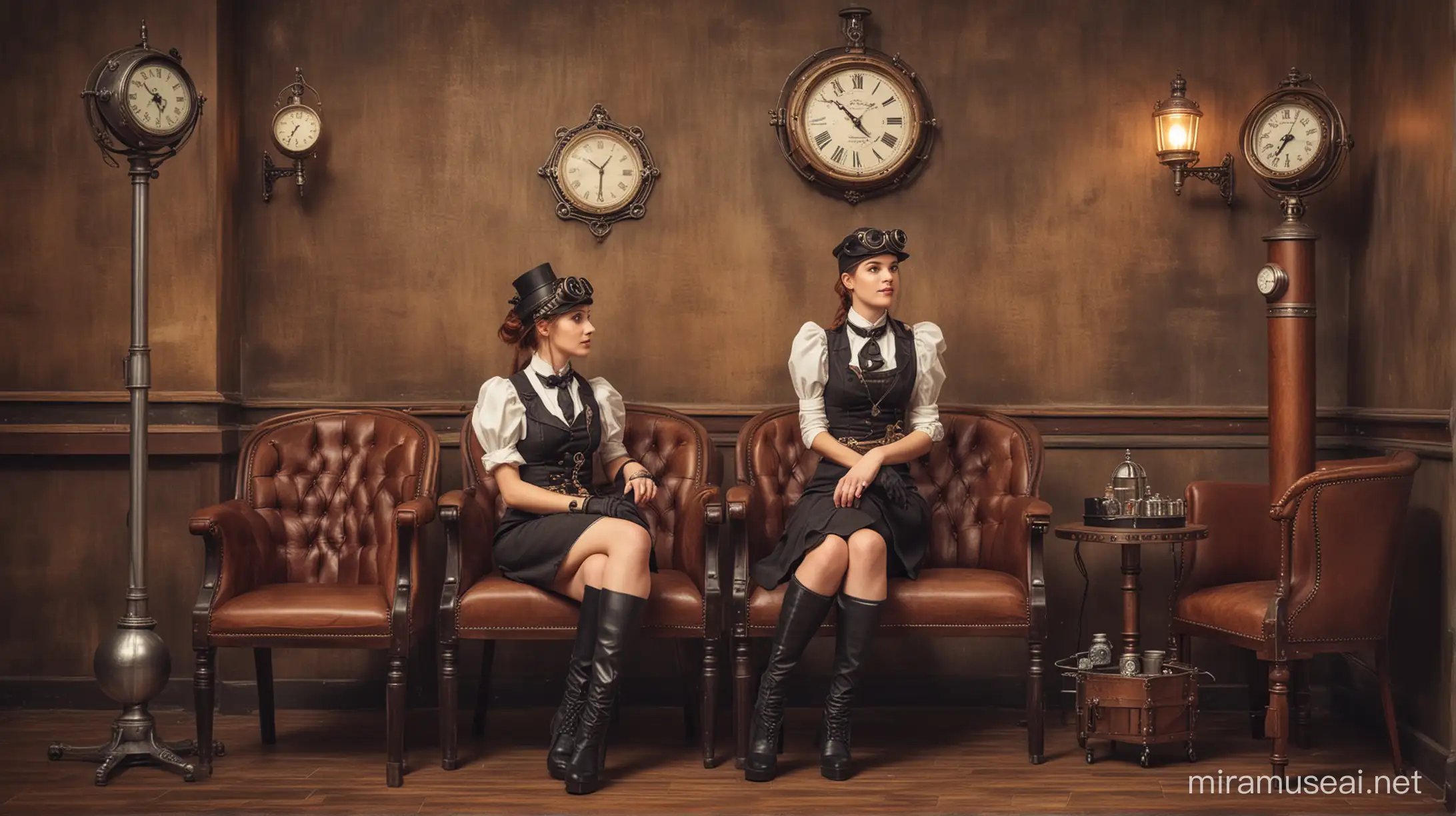 doctor steampunk waiting room. two steampunk women wait for the visit.