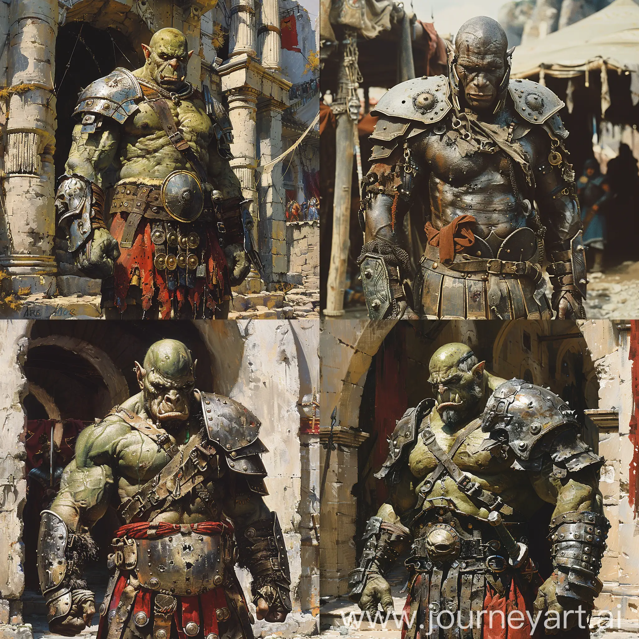 orc wearing full armor. orc soldier guarding the entry of a war tent. Sandalpunk, by frank frazetta, ancient roman uniform. Burly strongman physique  --stylize 750 --v 6