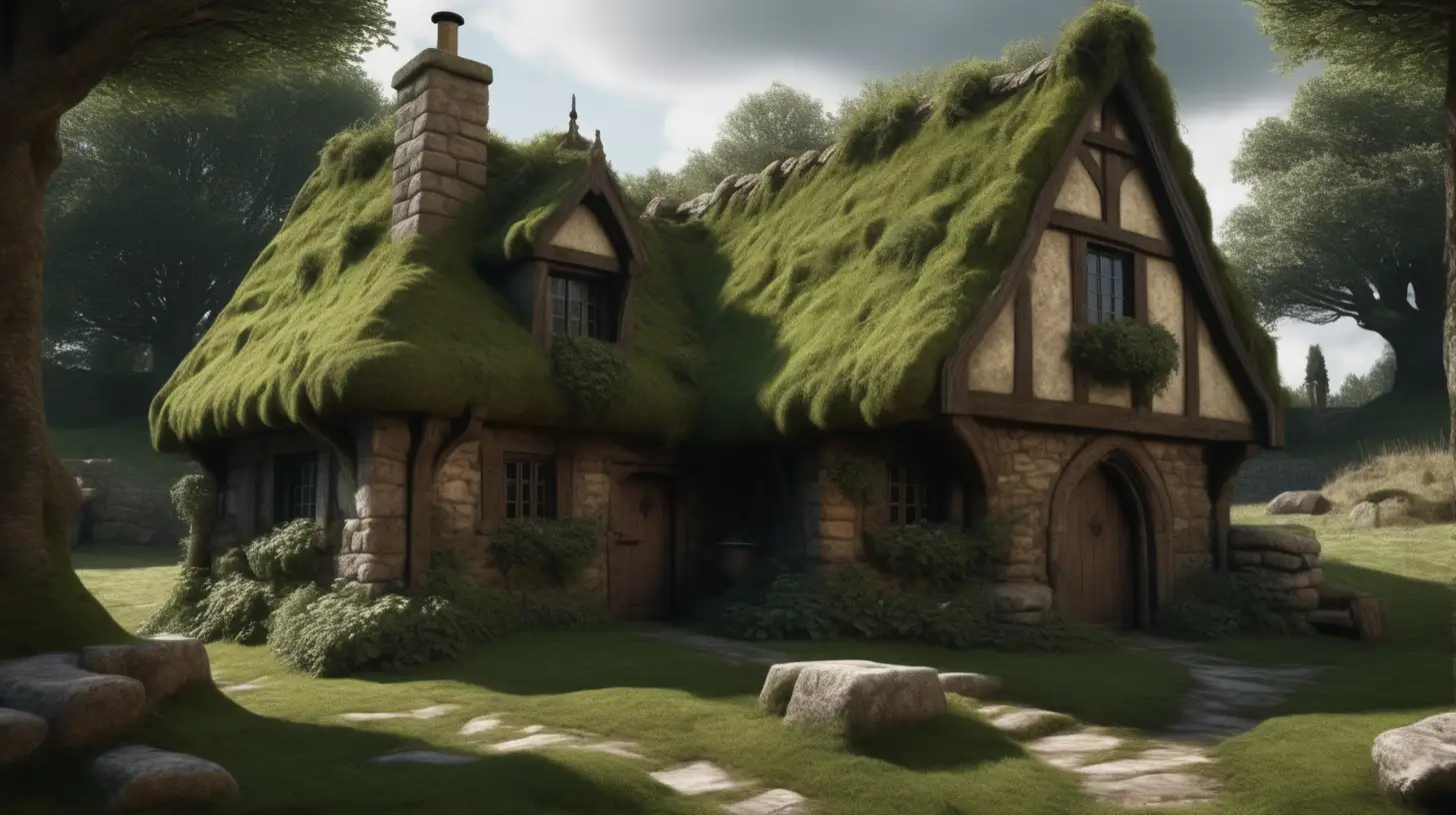Dark shadowy medieval country cottage covered in moss built in sandstone in a  in a ultra realistic, HD, 8K real life 
