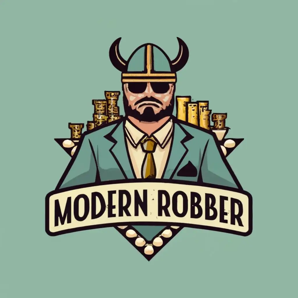 logo, Viking in a suit and tie. Possibly incorporates poker chips and chess elements. It should say Modern Robber. It should also be a simple depiction of the viking., with the text "Modern Robber", typography, be used in Entertainment industry. Less detailed than the last version. Black suit and gold tie with chess pieces around him. Wearing sunglasses.