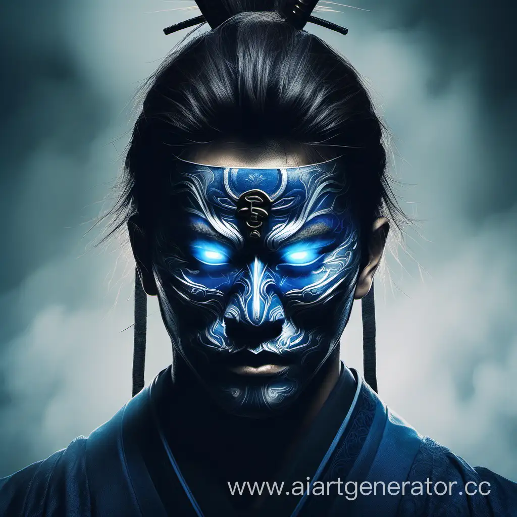 Face, silence, below the name ONESILENCE, masculine, samurai-like, in a mask, face unseen, glowing blue eyes.