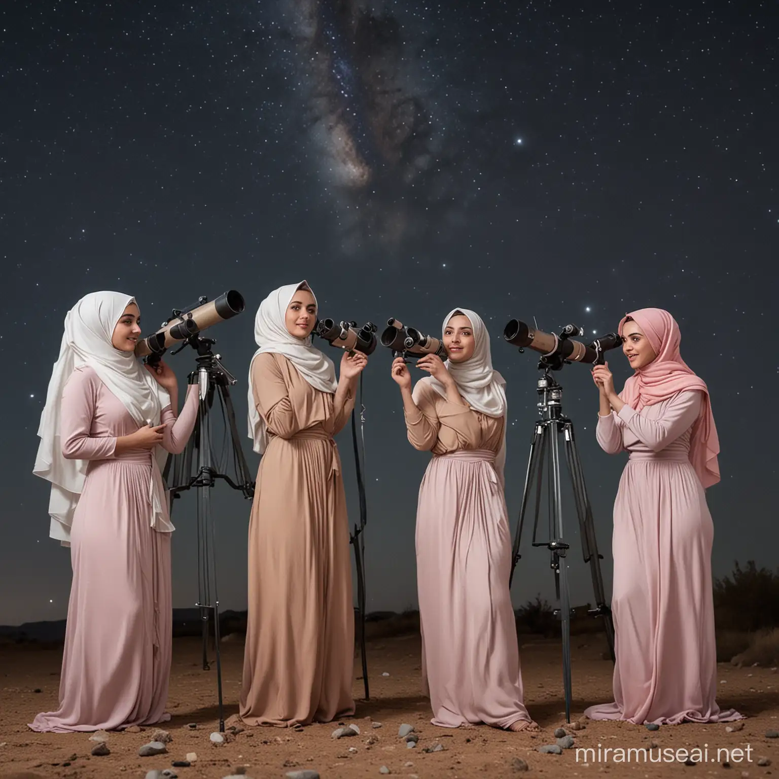 naked women wearing hijabs observing stars with telescope in the night