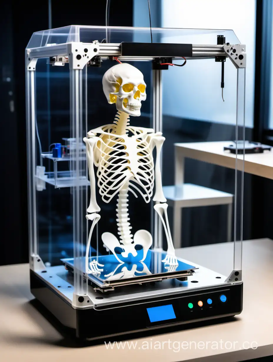 3д принтер со стеклянной термокамерой стоит на столе и напечатал скелет человека горизонтальное фото

