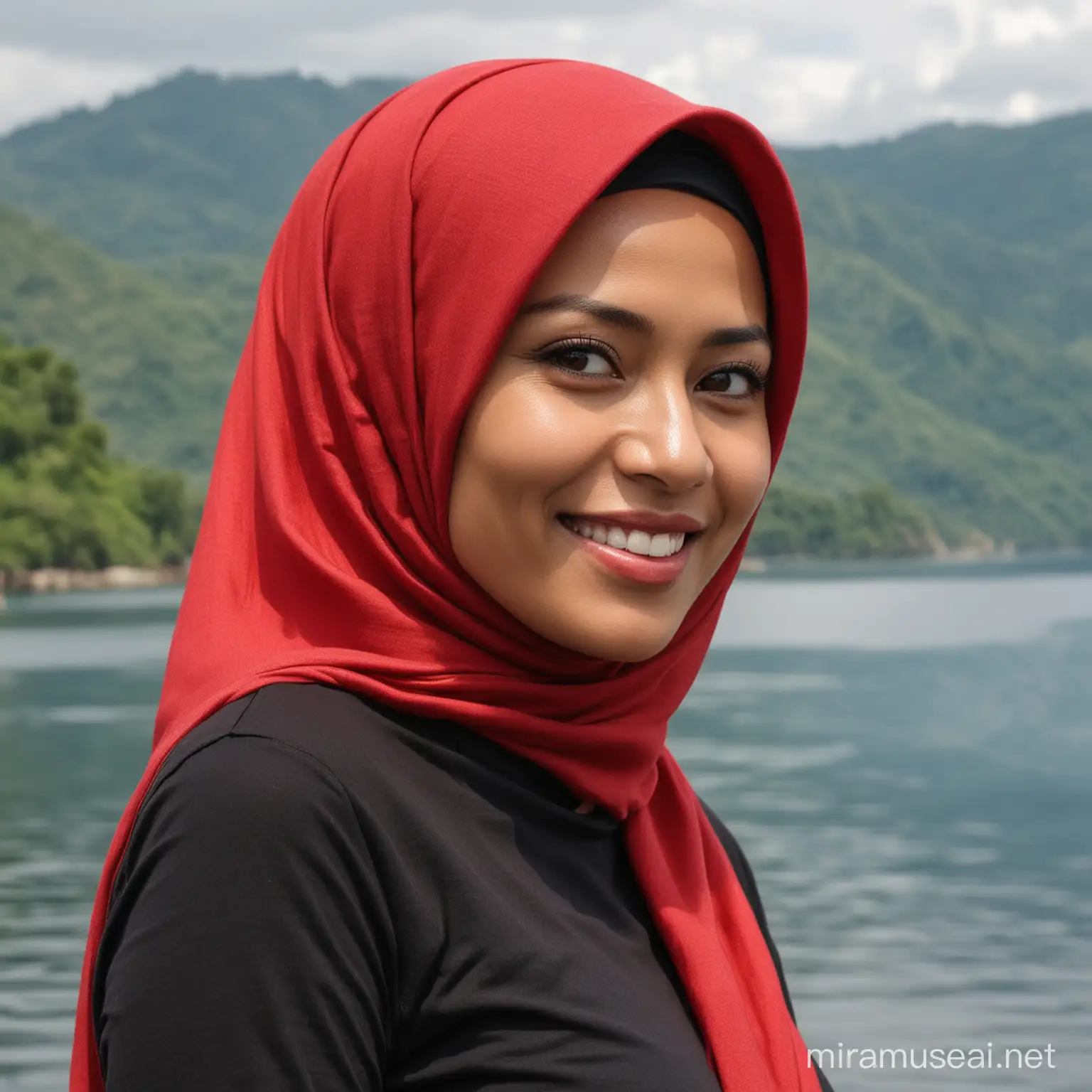 Make me an impressive half body picture of an extremely attractive 45 year old indonesian beauty woman with red light hijab, wearing black casual tshirt , in elegant feminine pose, smiling, Indonesia in front of lake toba, north sumatera, indonesia the photo is taken in beautiful daytime weather, tetrahedron colors, high quality background, ultra-detailed scenery, ultra-sharp focus.