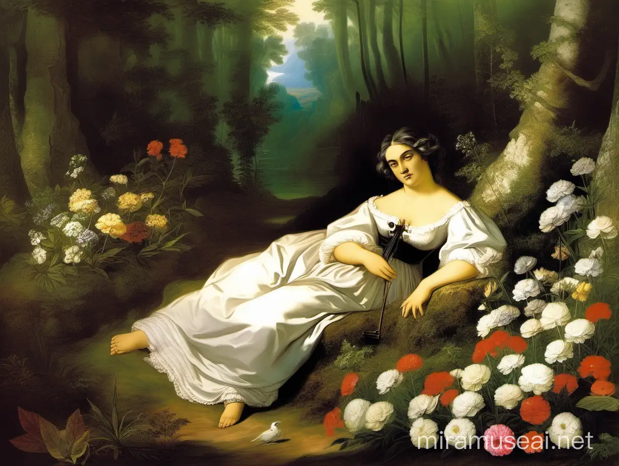 Beethoven resting in the forest with flowers
