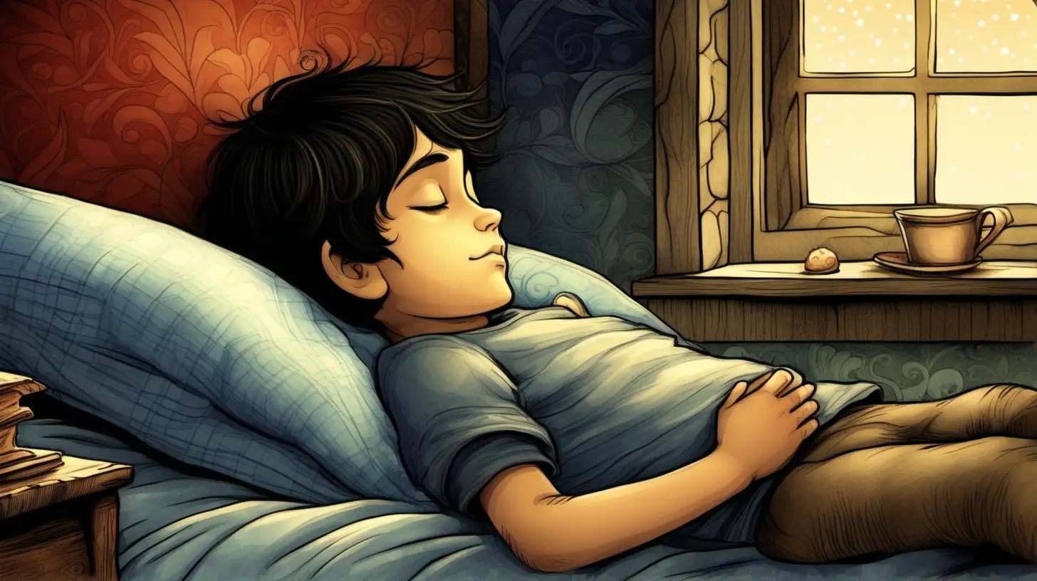 The dark-haired boy is sleeping sweetly. storybook illustration,
 color