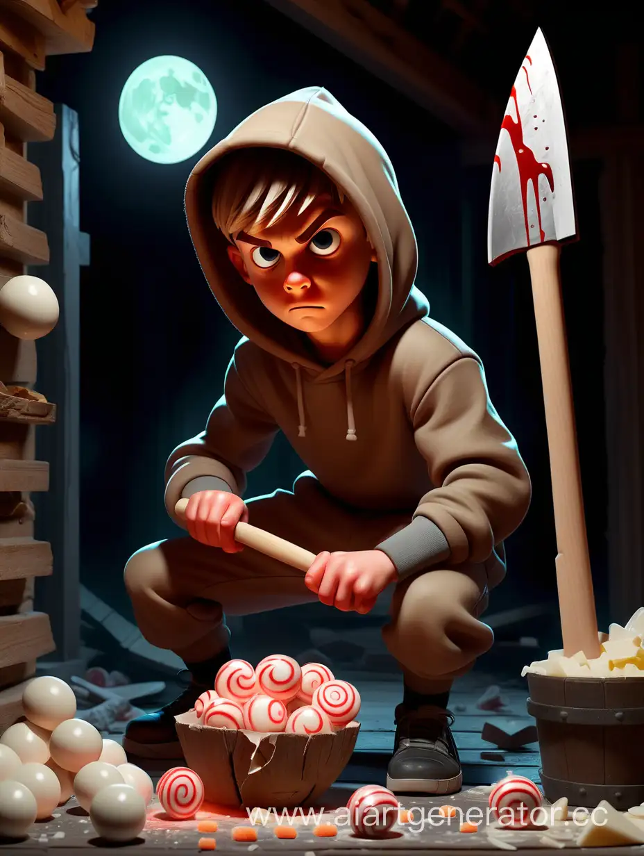 Nighttime-Adventure-Boy-in-Hood-Chopping-Glowing-Round-Candy-Rafaello-in-Abandoned-Wooden-Building