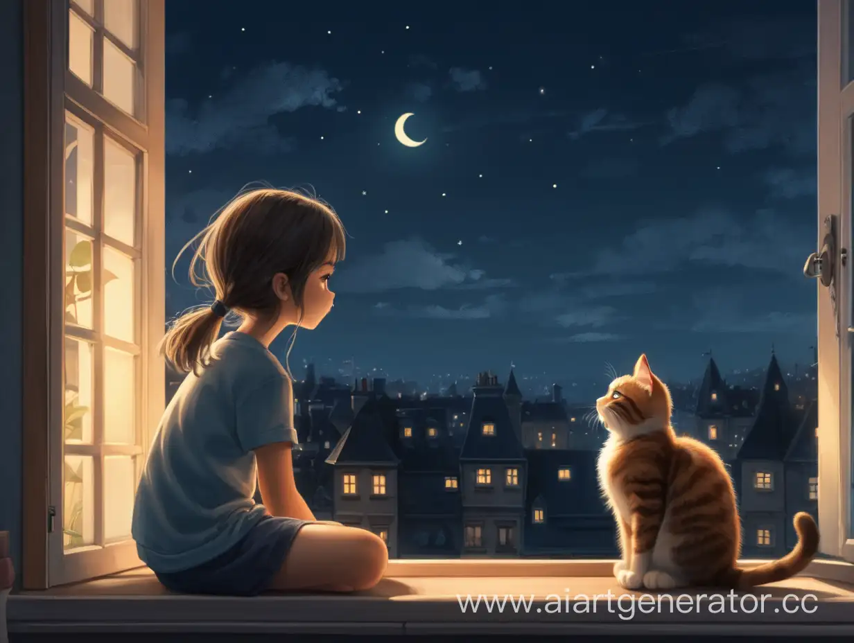 Nighttime-Reflections-Girl-and-Cat-at-Window