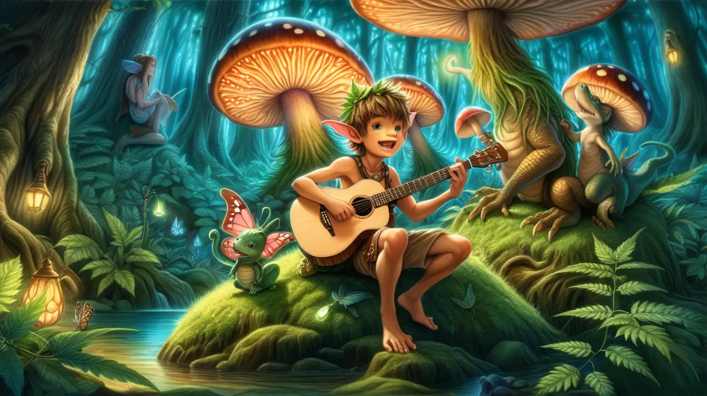 fantasy art, high detail, wide angle, a cute dragonboy,fae features, dressed in a loincloth sits playing luteand singing under a giant mushroom in a fantasy forest, lush cannabis forest, fantasy creatures, butterflies, pixies, twilight, fantasy lighting, happy mood, psychedliec lighting, fantasy lighting