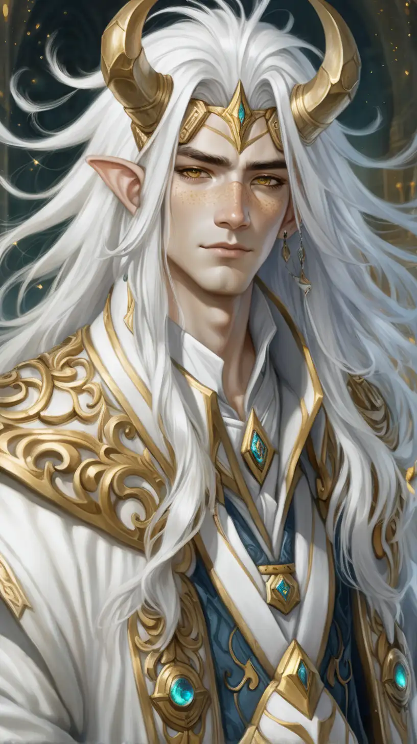 a young man with white thick horns and messy long white hair, golden freckles and intricate mage attire.