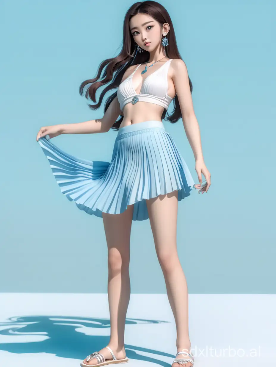 Create a 3D-style full body shot image of a Chinese young woman with big eyes and a natural expression and very fair skin, dark brown wavy long hair, wearing earrings and necklace, loose white deep v-neck short crop top, showing her shoulder and belly, low waisted light blue pleated micro skirt, showing her thighs and butt, natural movement. She wears beach sandals on her feet. Light blue monochrome background, overall bright and relaxed atmosphere.