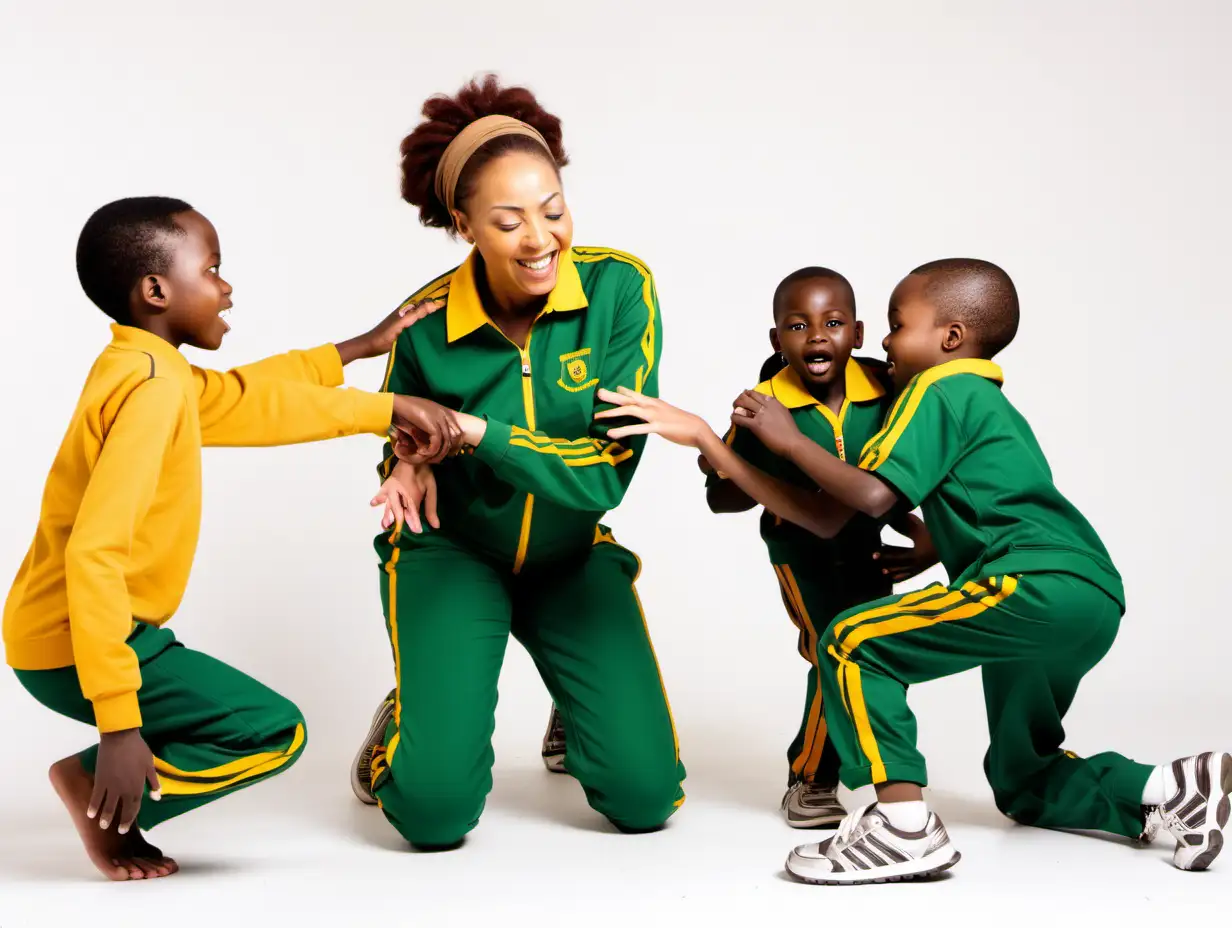 African Woman Engages in Playful Activities with Three School Children in Vibrant Attire