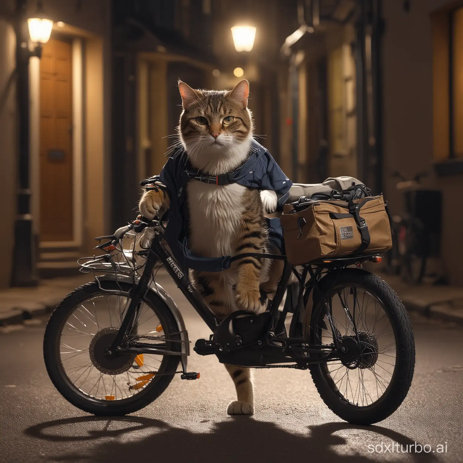 A cat model, he is dressed as a Courier, riding an electric bike, with sweat on his face, hurrying on his way, at night, he looks very bleak under the light, 8K, movie effect