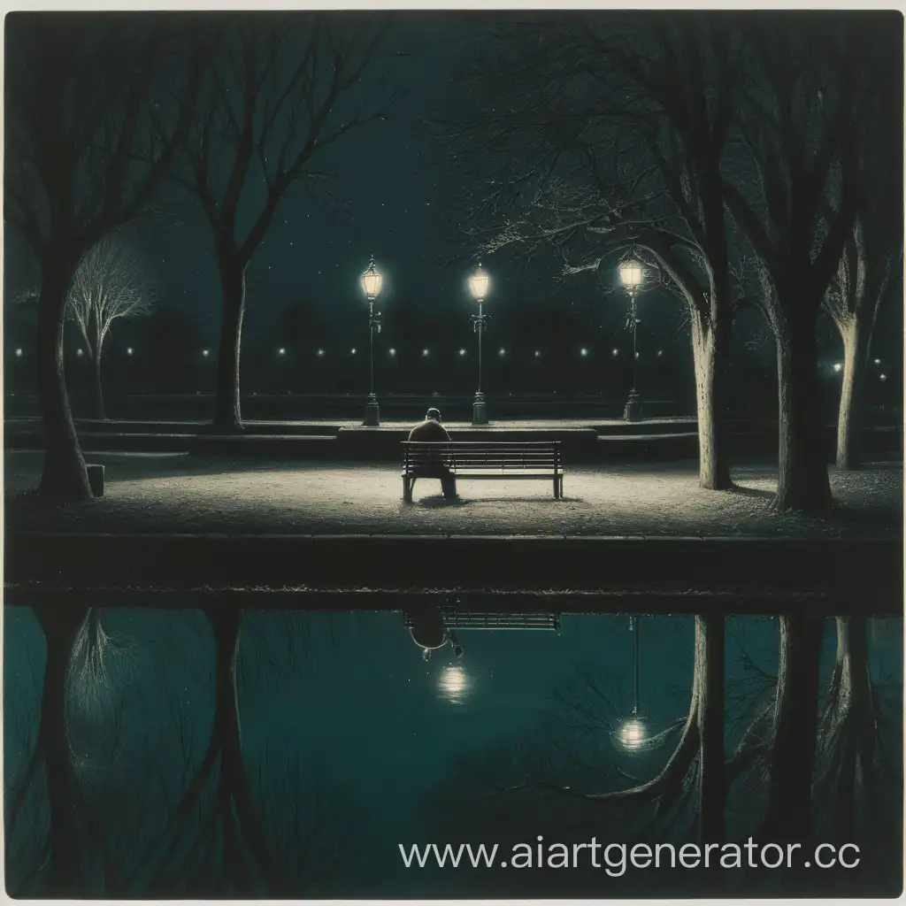 Mysterious-Man-Contemplating-by-Tranquil-Pond-with-Benches