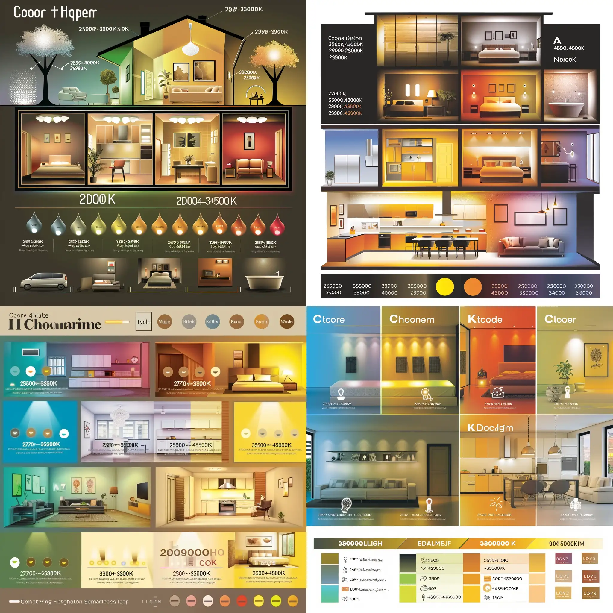 Create a realistic infographic that visualizes the concept of color temperature in home lighting. The graphic should illustrate a home interior divided into different rooms, each lit with the appropriate color temperature of light. Include a color temperature scale ranging from warm to cool (2700K to 5000K and above), with examples of warm, neutral, and cool lighting in the kitchen (3500-4500K), living room (2700-3000K), bedroom (2700-3300K), bathroom (3500-4000K), and hallway (3500-4000K). The style should be clean and modern, with a focus on the ambiance created by each lighting type. Use icons or illustrations to represent different LED light sources like bulbs, LED strips, and fixtures. Highlight the benefits of matching the color temperature to the room's function and the positive impact on mood and comfort. Ensure the infographic is informative and easy to understand for readers interested in home decor and lighting design.