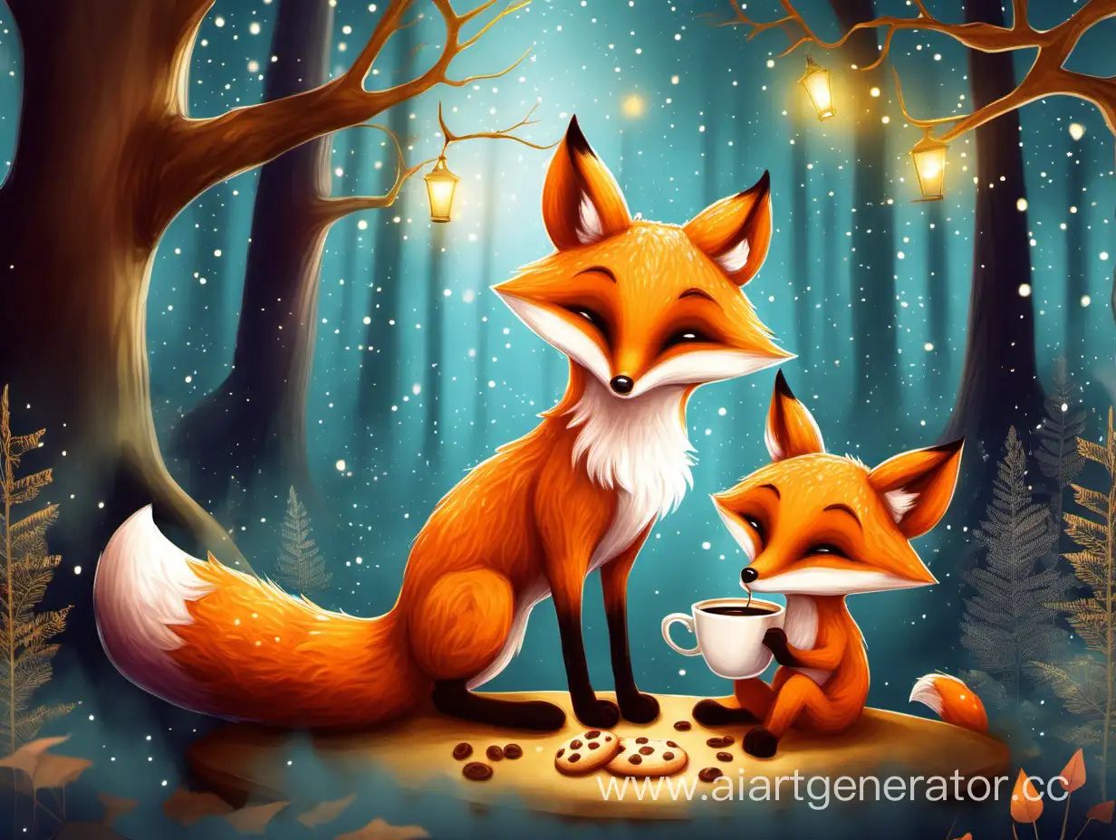 мультяшный два маленьких довольных лисенка в волшебном лесу пьют кофе и едят печеньки
