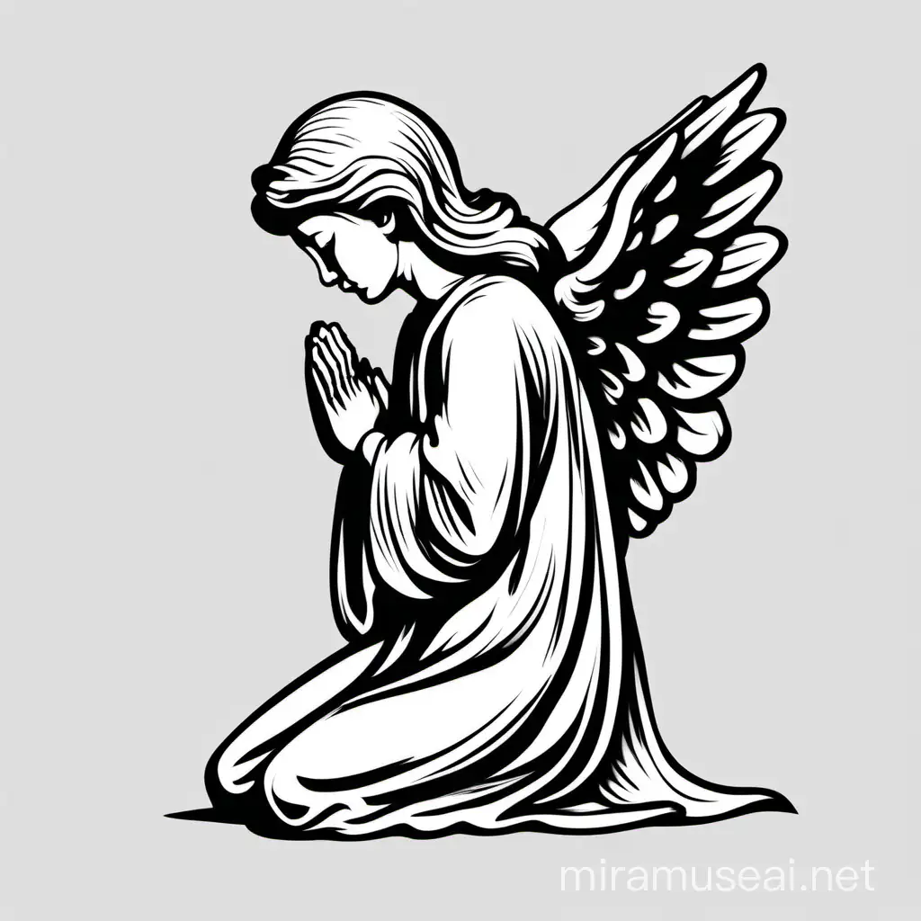 very simple vector sketch art of praying angel, side view, side profile, black and white