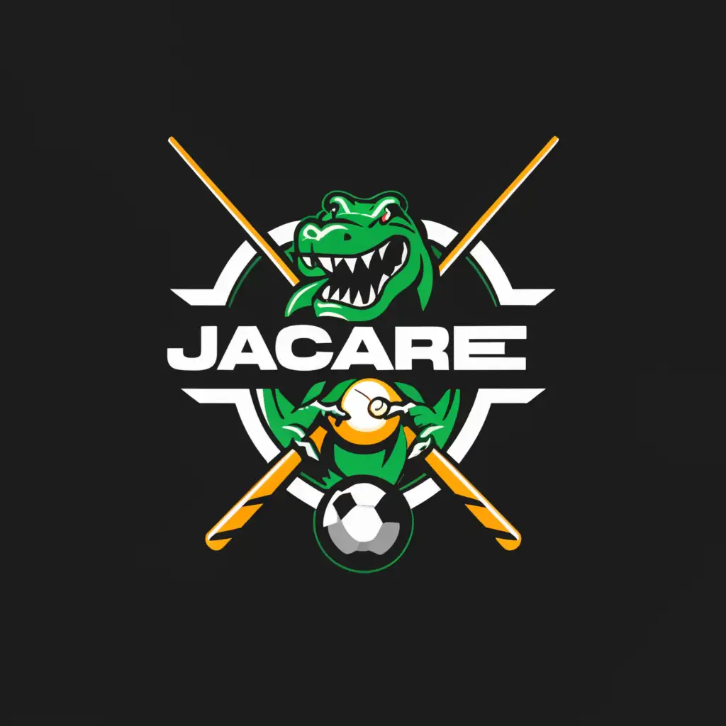 a logo design, with the text 'JACARE FC', main symbol: Alligator with a snooker cue, green and black background, circle, crossed pool cues, Moderate, be used in Entertainment industry, clear background, alligator facing right