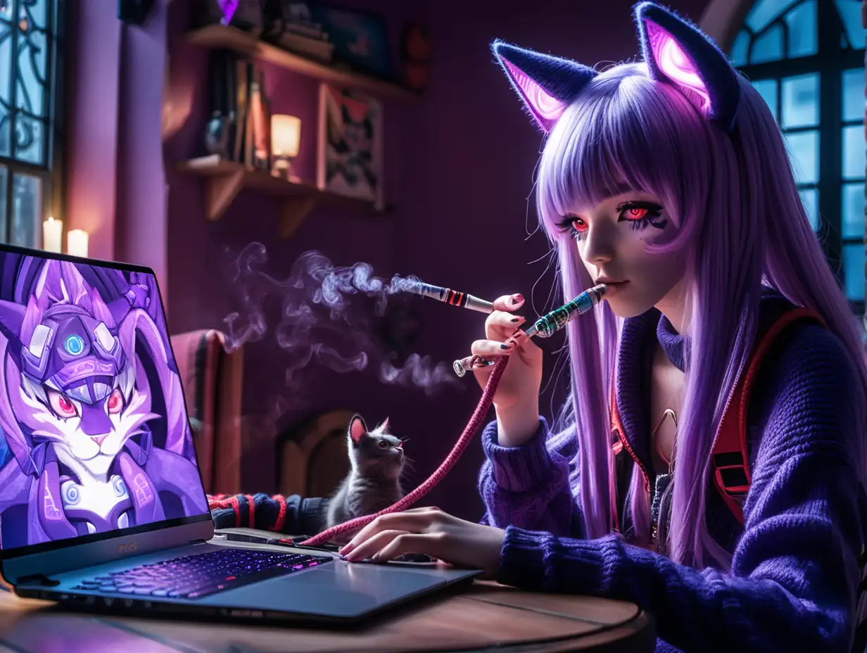 Anime girl with long  purple hair - smoking a hookah and playing on her gaming laptop ACER PREDATOR HELIOS  high end game. She weraing latex suite and knitted wool socks She has purple red eye, cat ears and a beautiful room where she lives