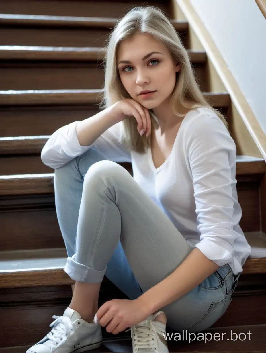 Delicate makeup, Young 29-year-old Russian girl, ash blonde hair, light eyes, angelic face with medium-sized breasts, wearing a white shirt and jeans with grey sneakers, sitting on a staircase, full-body view.