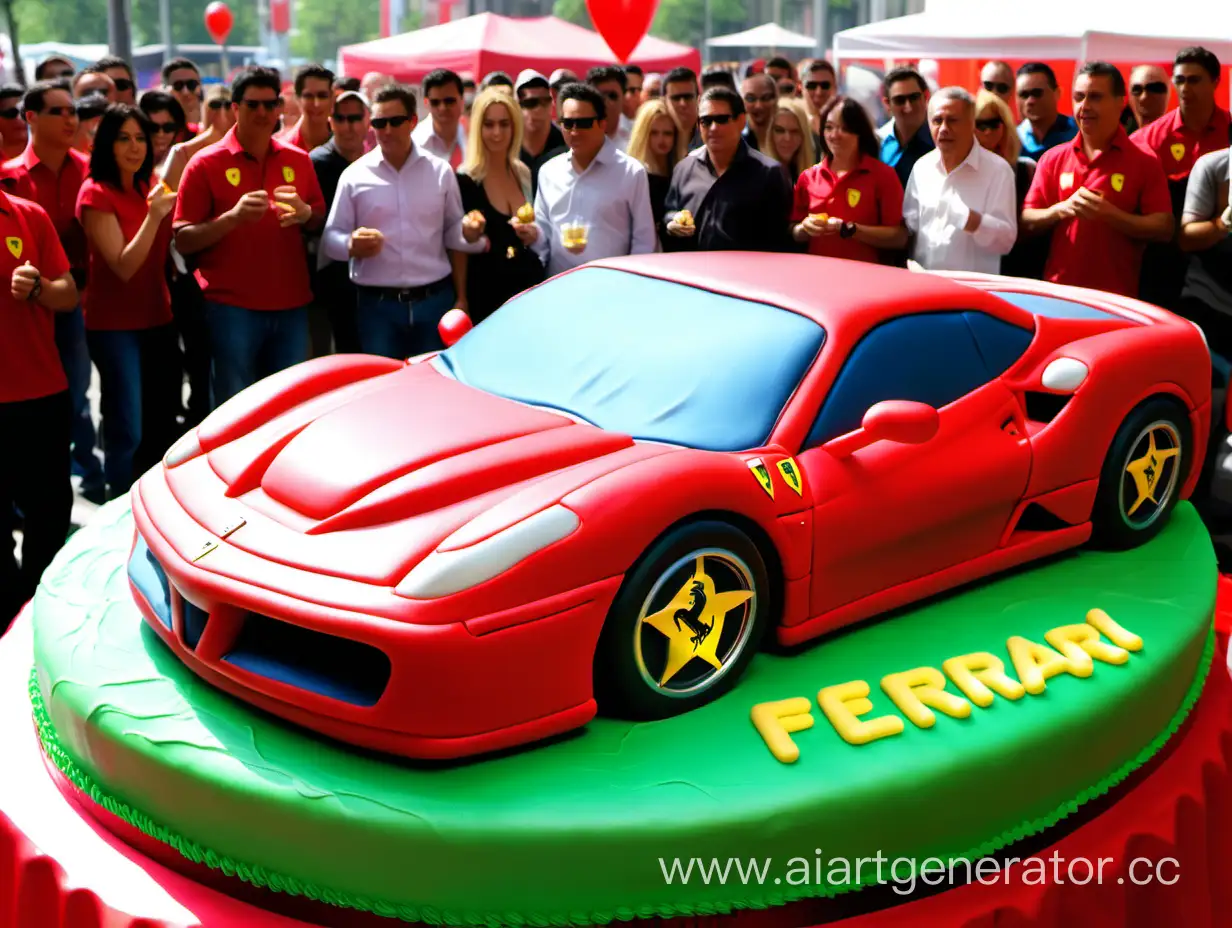 Crowd-Celebrating-Around-Enormous-Ferrari-Cake