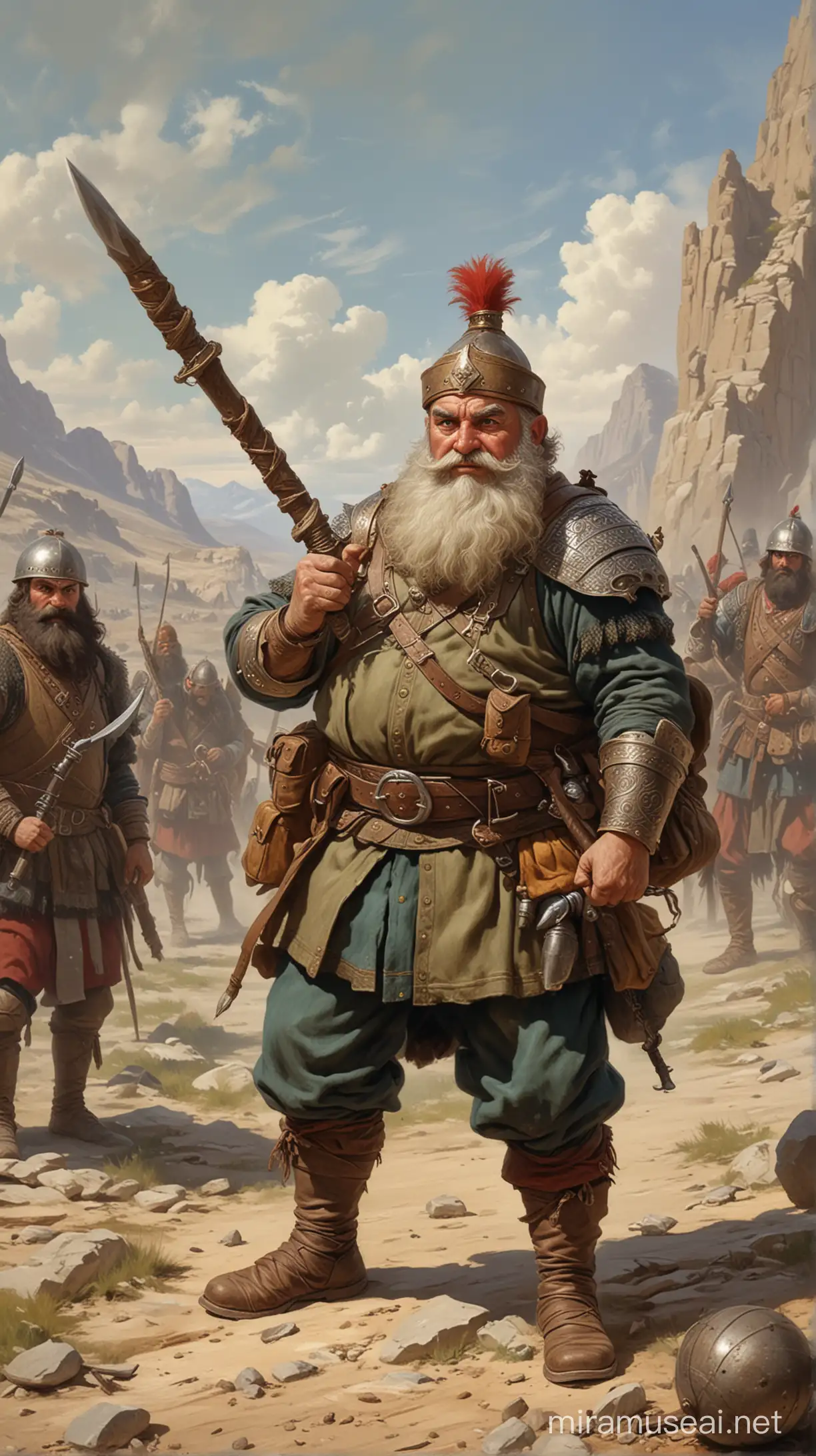 "The dwarf-sized Gürbüz Alp not only stood out on the battlefield with his mace but also with his unmatched courage and quirky demeanor" - Image illustrating Gürbüz Alp's position in battle, catching attention not only with his mace but also with his bravery and peculiar character.

