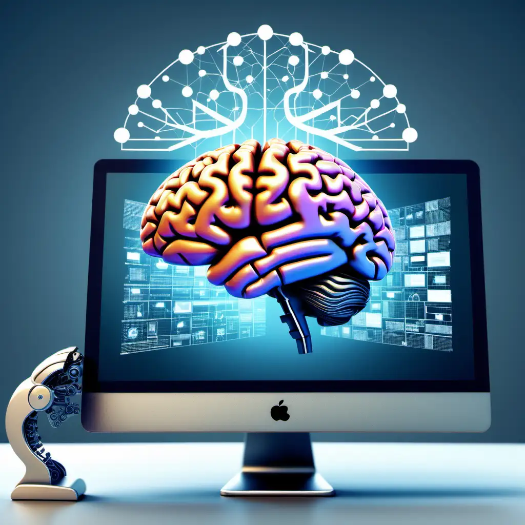 Human-AI Collaboration: This image represents the collaboration between human creativity and AI intelligence in modern marketing. The merging of a human brain  with an AI brain next to a computer symbolizes the synergy between human marketers and AI technologies in developing effective marketing strategies.