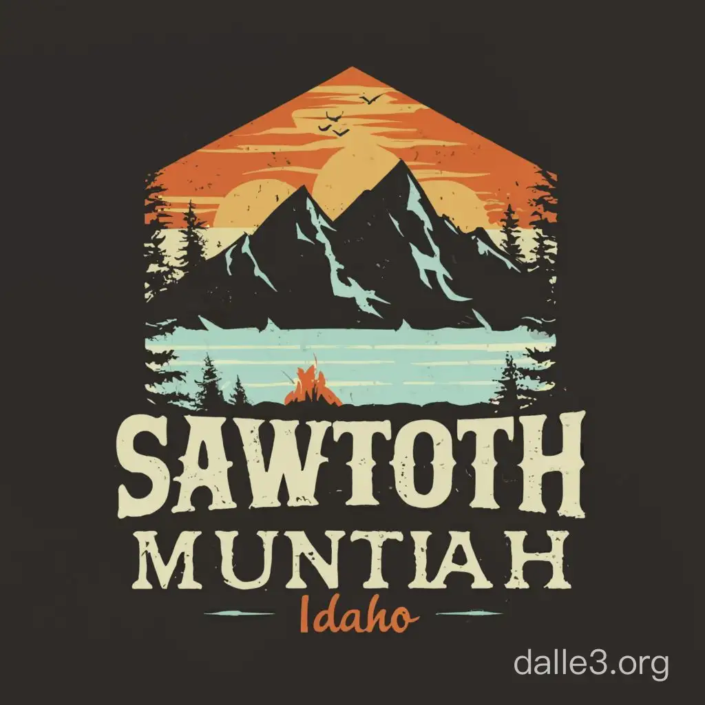 Use a silhouette of the distinctive peaks of the Sawtooth Mountains in Idaho. Focus on capturing their jagged edges and unique shapes. Use a bold, rugged font to convey the adventurous spirit. Add a campfire element near the base of the mountains below a lake and depict flames and logs to make it recognizable. Utilize earthy tones such as greens, browns, and blues for the mountains and sky. Add Sawtooth text