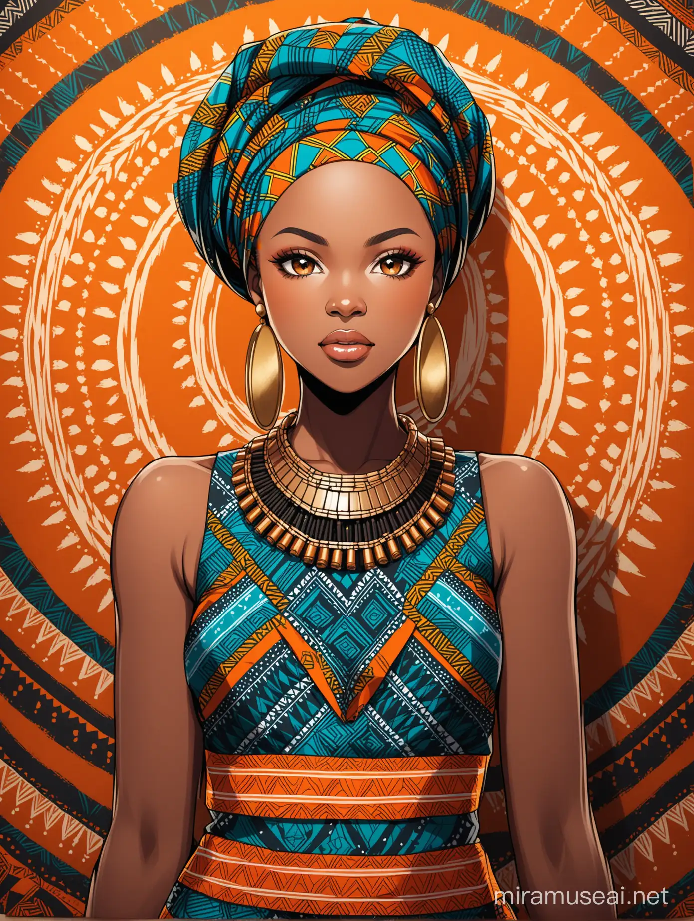 A high-quality photograph of a black woman wearing traditional African attire, such as a vibrant Ankara print dress or headwrap with patterns inspired by African tribal art as background elements.