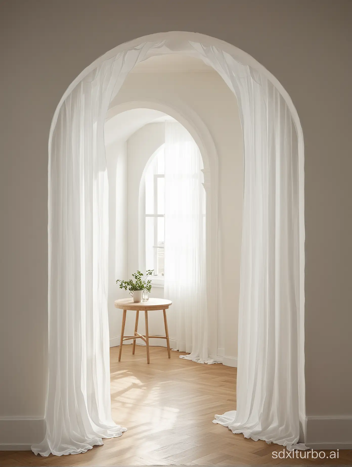 Light and shadow, a single archway, white gauze curtains