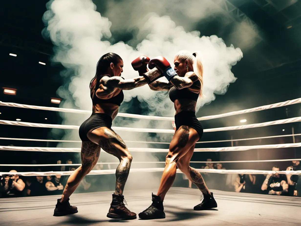 two extremely muscular tattooed female bodybuilders boxing in a ring inside a crowded smoke filled arena
