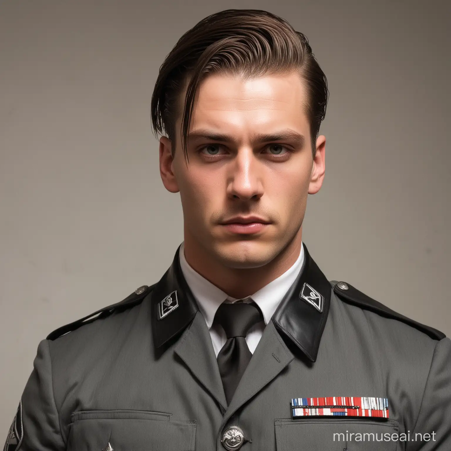 28 years old, slick back long greasy hair, extremely sweaty, very muscular conservative male bully, wearing a very tight fitting nazi officer uniform. Large pecs, large trap muscles, thick muscular neck. Hyper masculine.