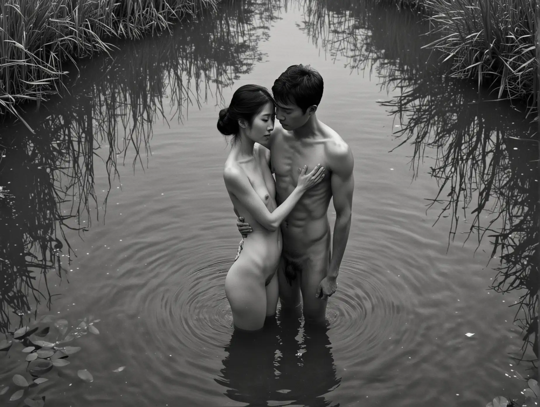 Draw an image of Gao yuanyuan with bare body, embracing her husband in a pond, with shadows or symbolic imagery hinting at darker desires or temptations lurking in the background. This contrast can visually convey the tension between their noble purpose and the temptations they face.