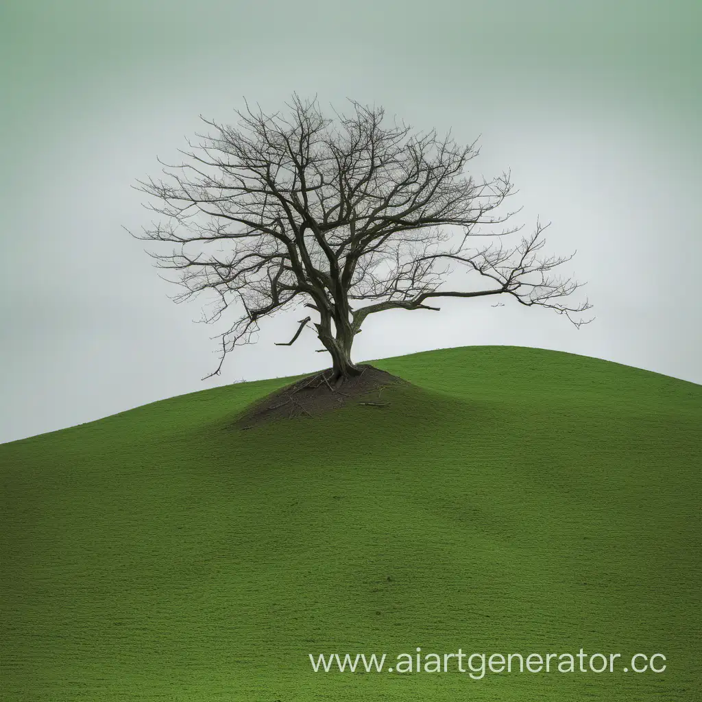 lone tree with clearly visible branches on green and dirt hill