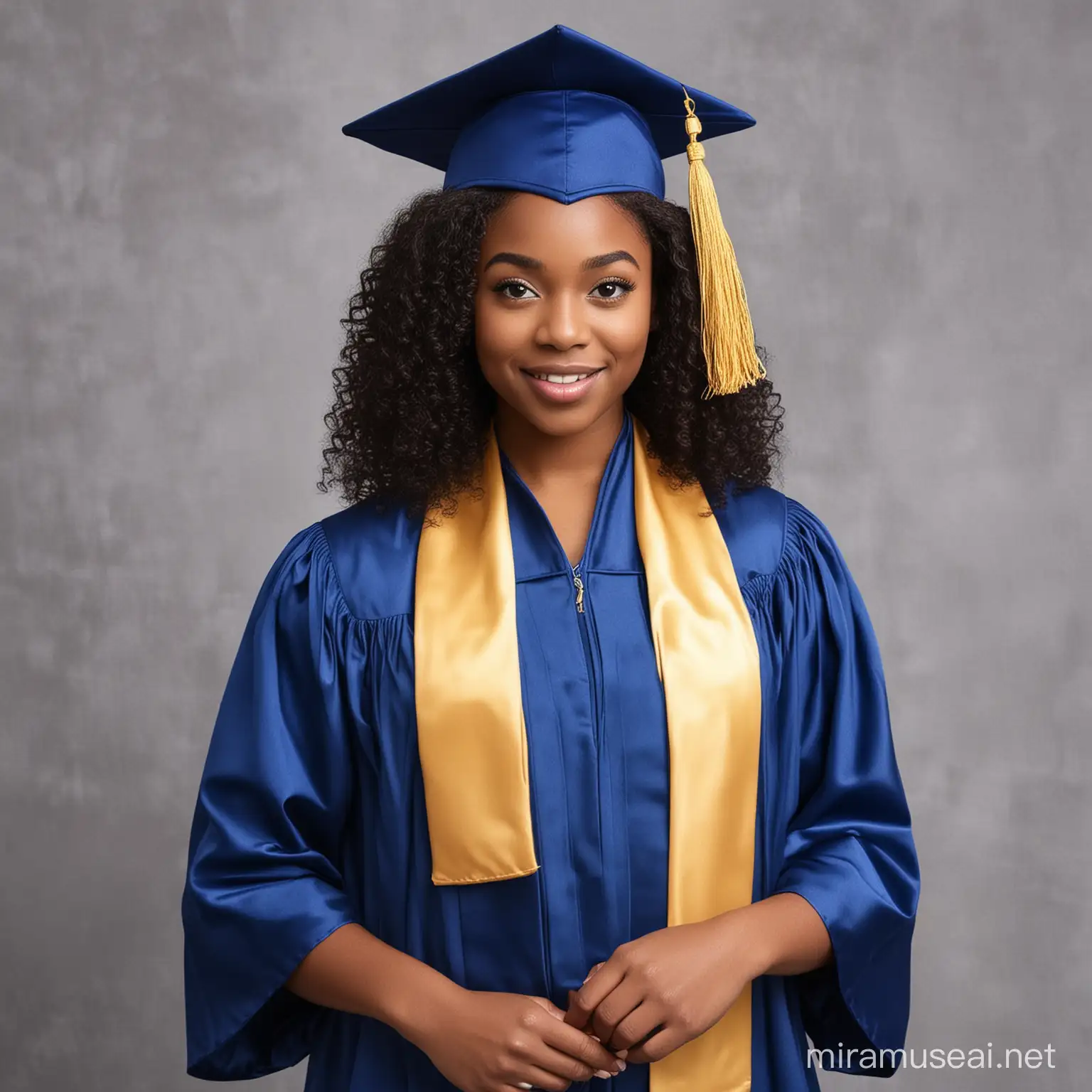 black girl graduation with cap and gown royal blue and gold
