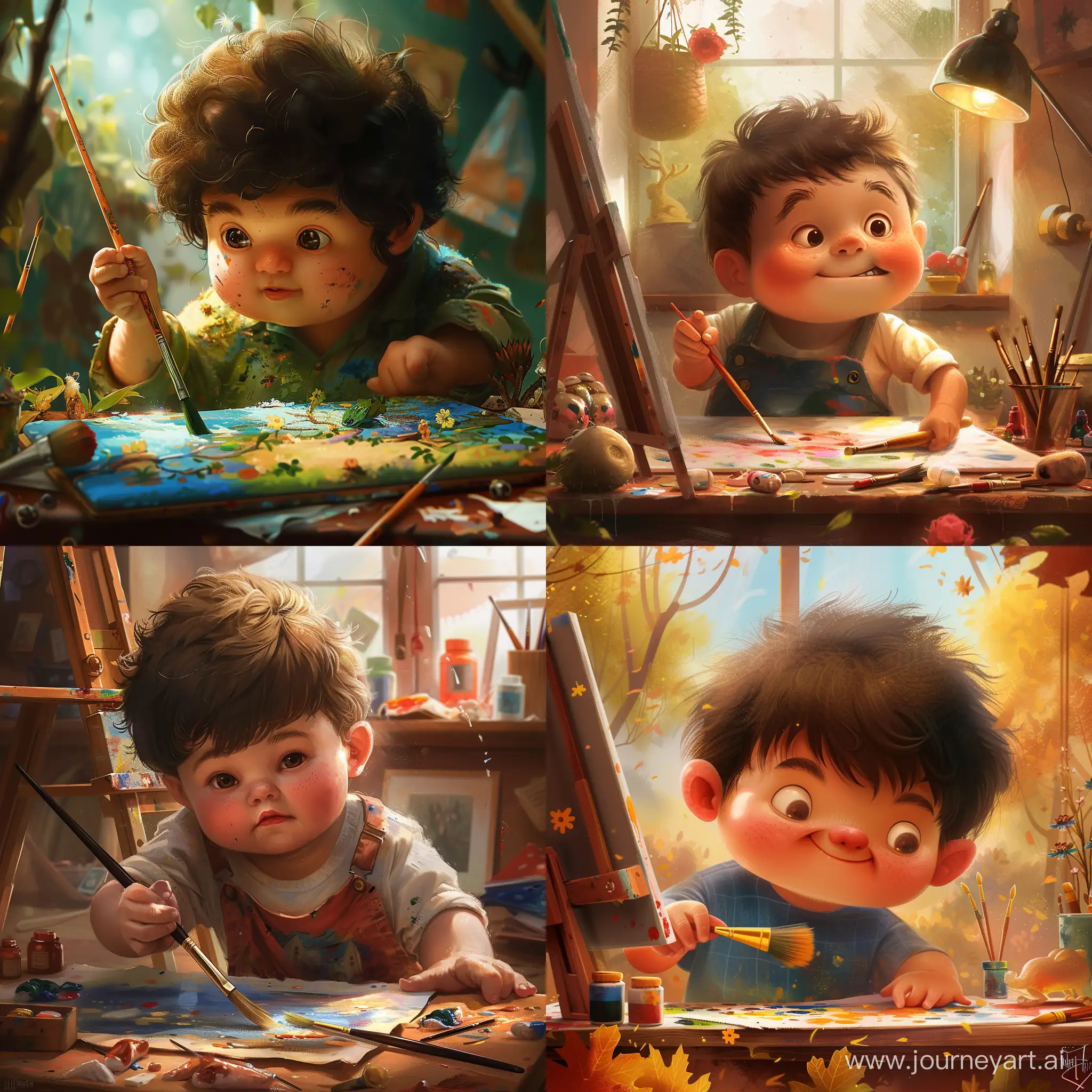 A plump boy is engrossed in painting, his chubby cheeks and determined gaze shining through. His brush moves smoothly across the canvas, creating vibrant and colorful works of art. His creativity and patience are astonishing, as he carefully crafts every detail. His paintings are full of vitality and life, as if each scene is telling a beautiful story.
Key words: Focus, Creativity, Patience, Vibrant, Vitality, Story.

