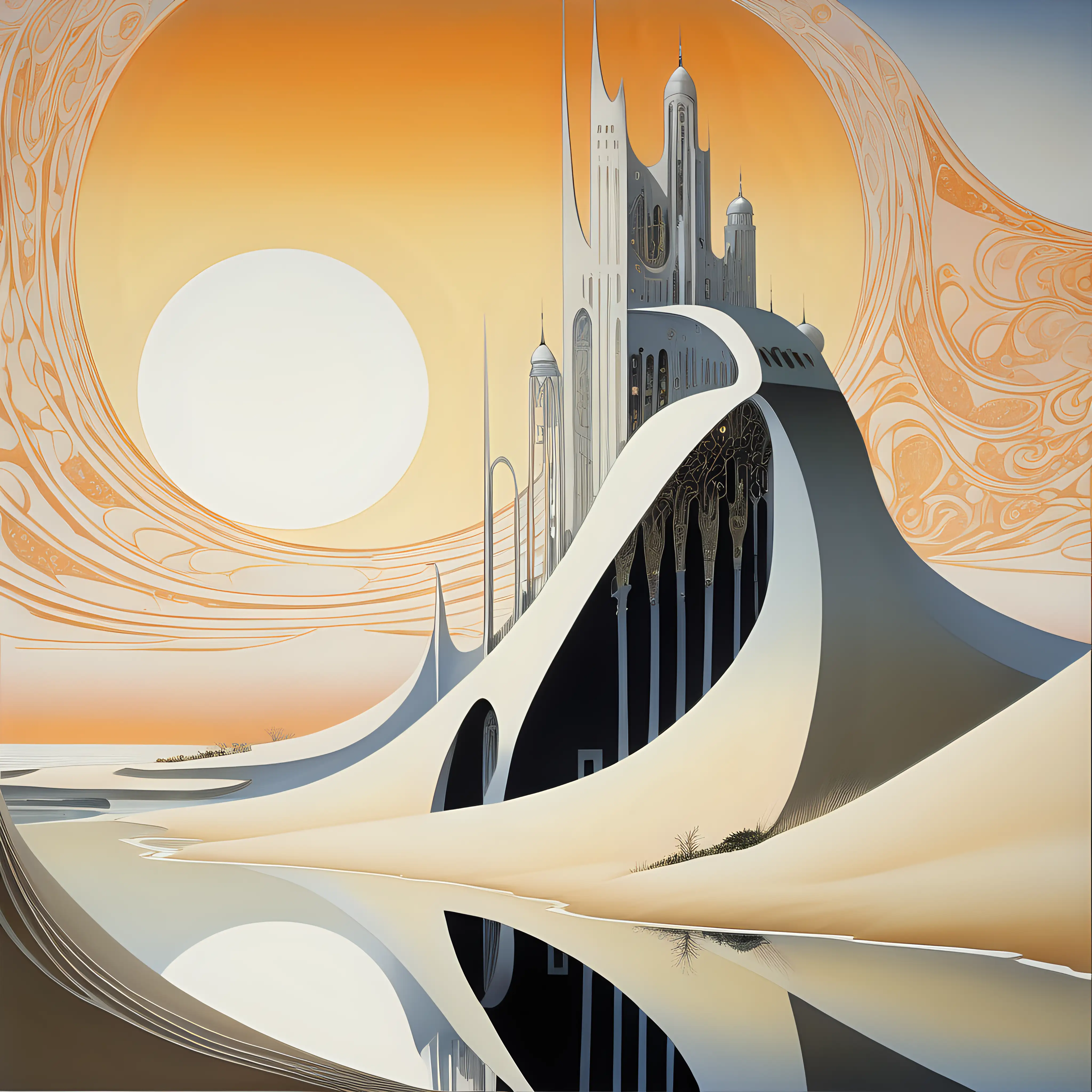 futuristic painting in kay nielsen style of a river dune, sunrise, a building on left side